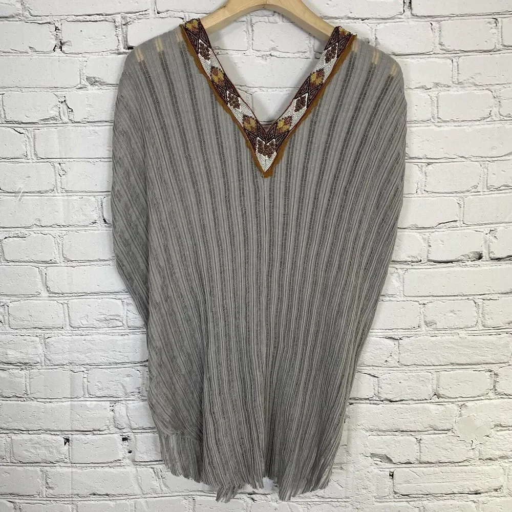 Free People Silver Sheer Sleeveless Shirt Tunic Beaded Collar Size‎ S/P Tribal
